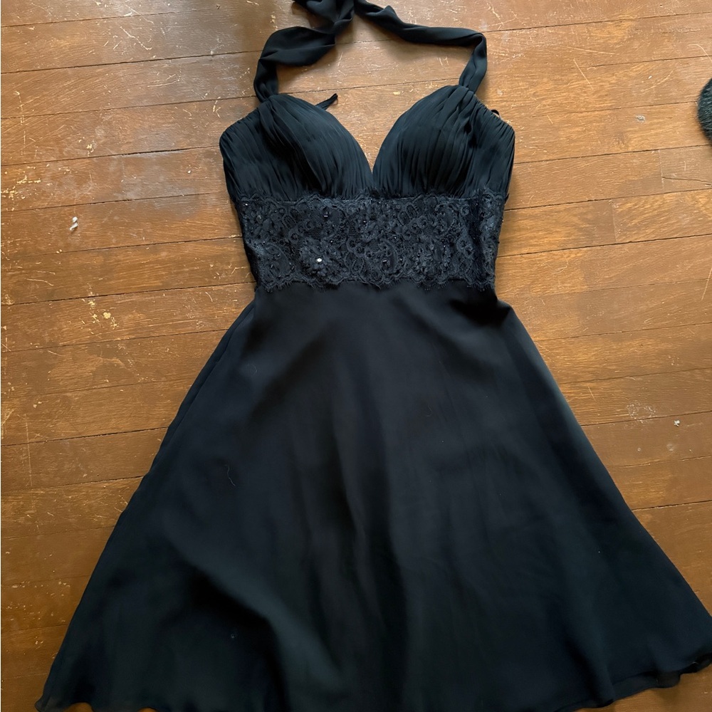 Black Halter Lace Waist A-Line Dress